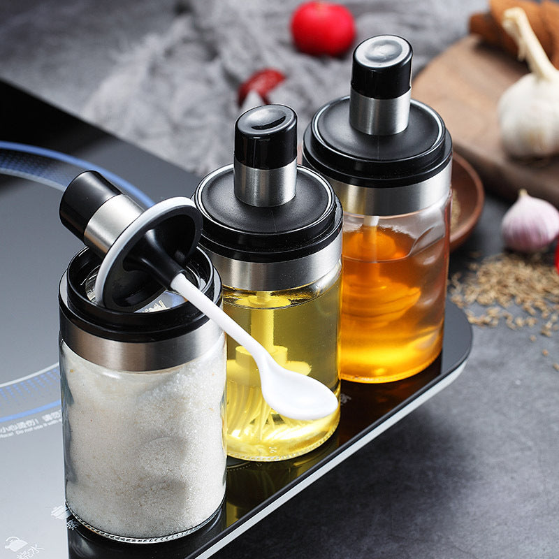 Glass salt shaker storage spoon